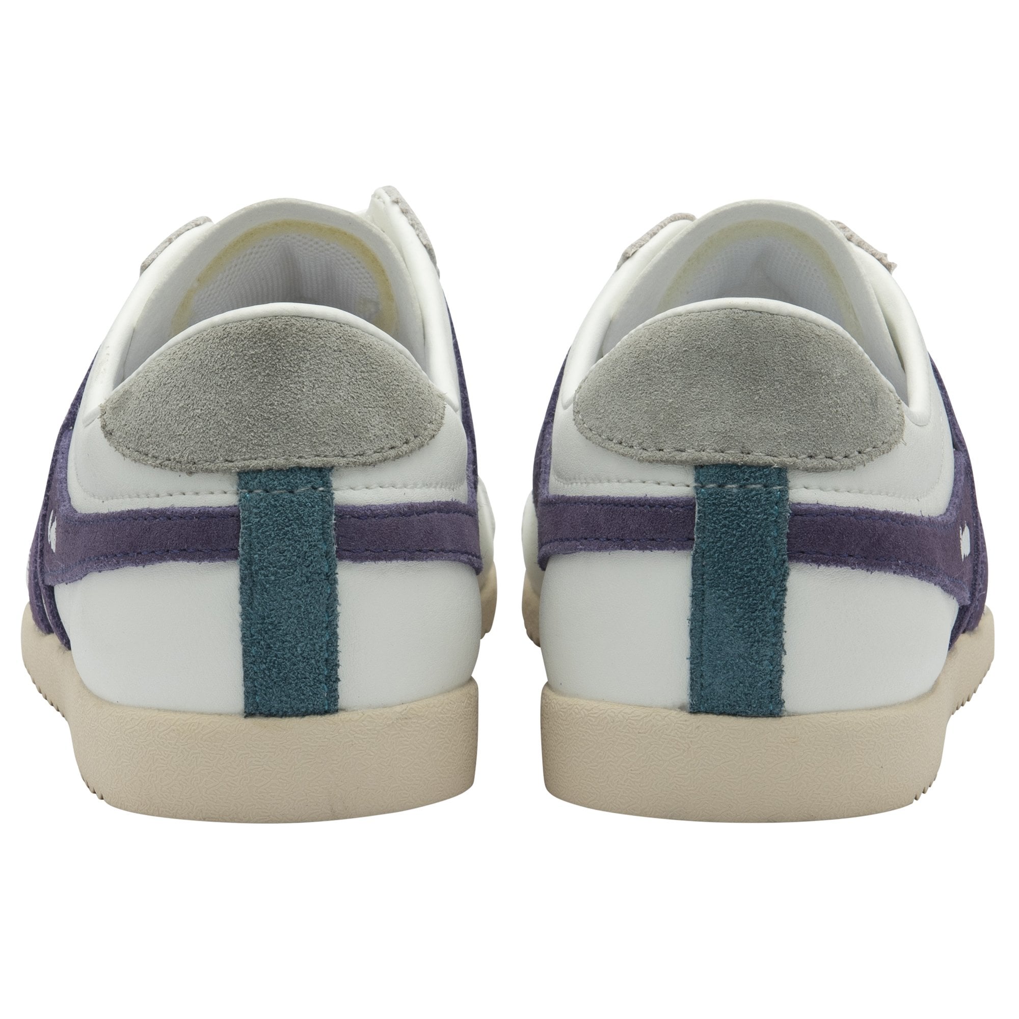 Back view of a pair of white Gola Bullet trainers with purple stripes.