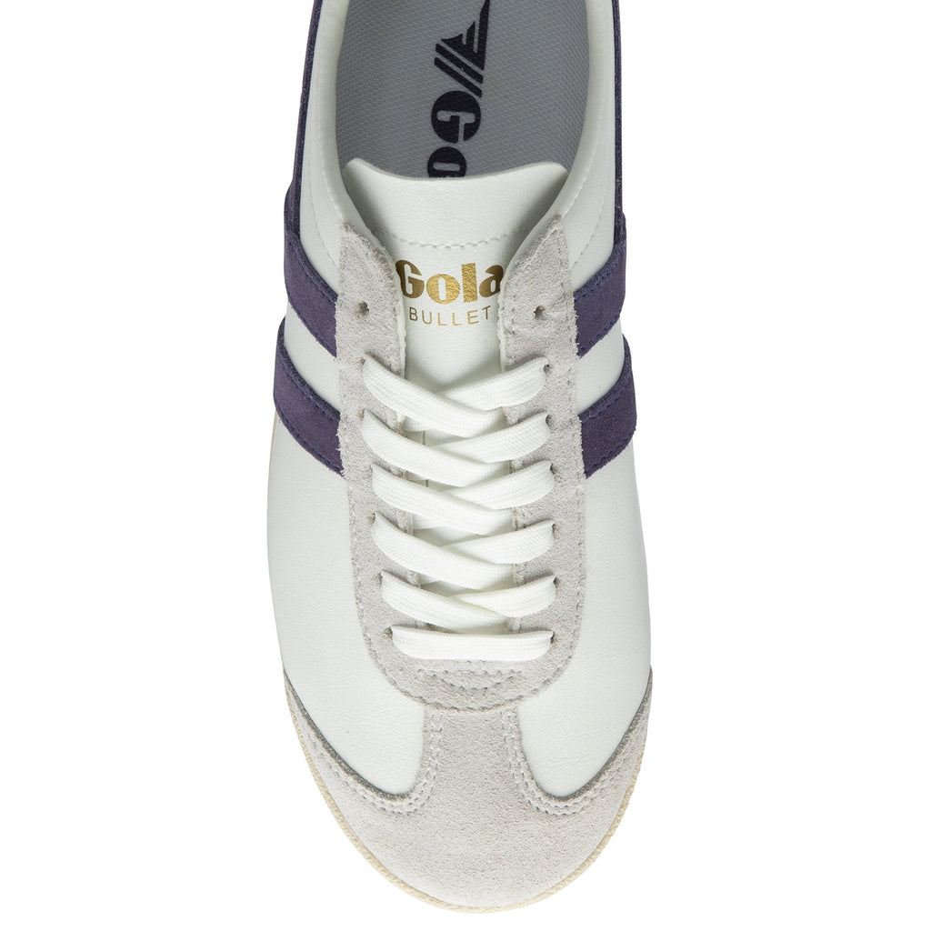 Top down view of a white Gola Bullet trainer with two purple stripes.