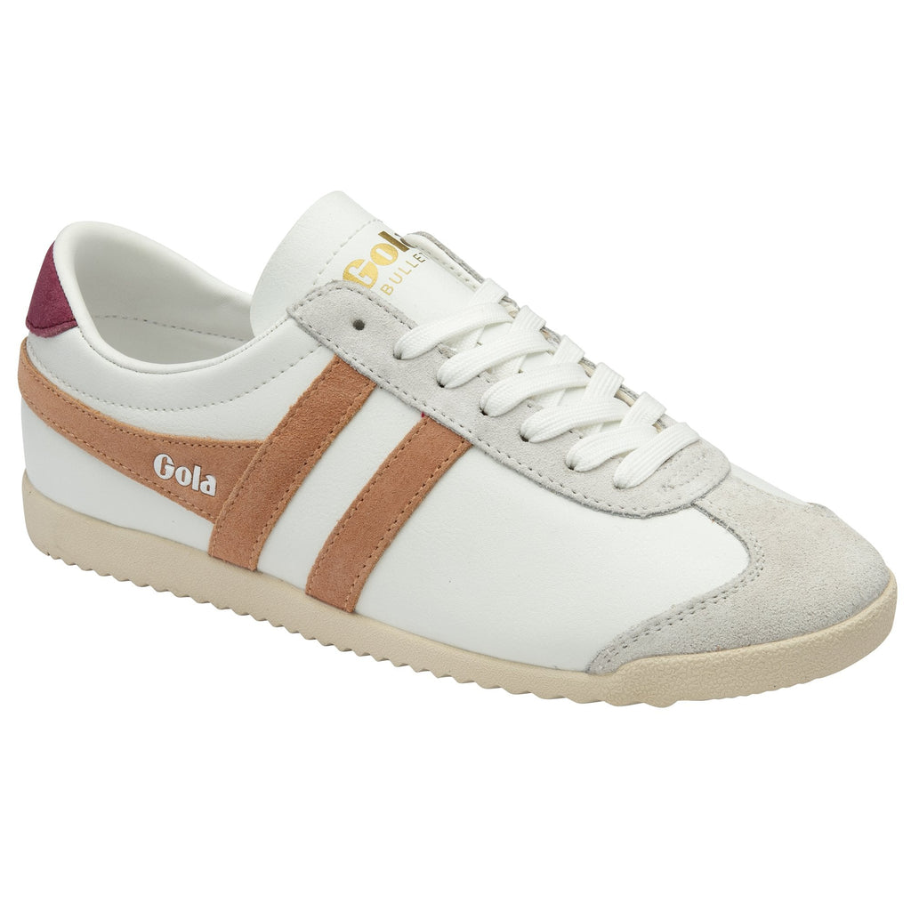 A white Gola Bullet sneaker with tan stripes and a burgundy heel tab.