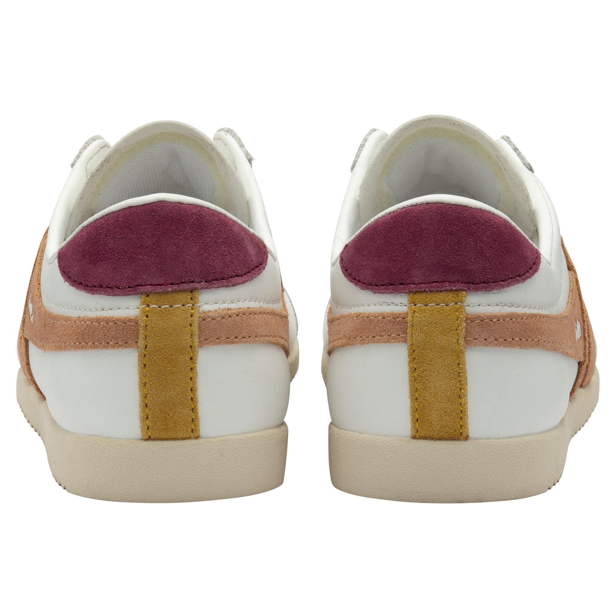Rear view of white Gola Bullet sneakers with burgundy and tan heel tabs.