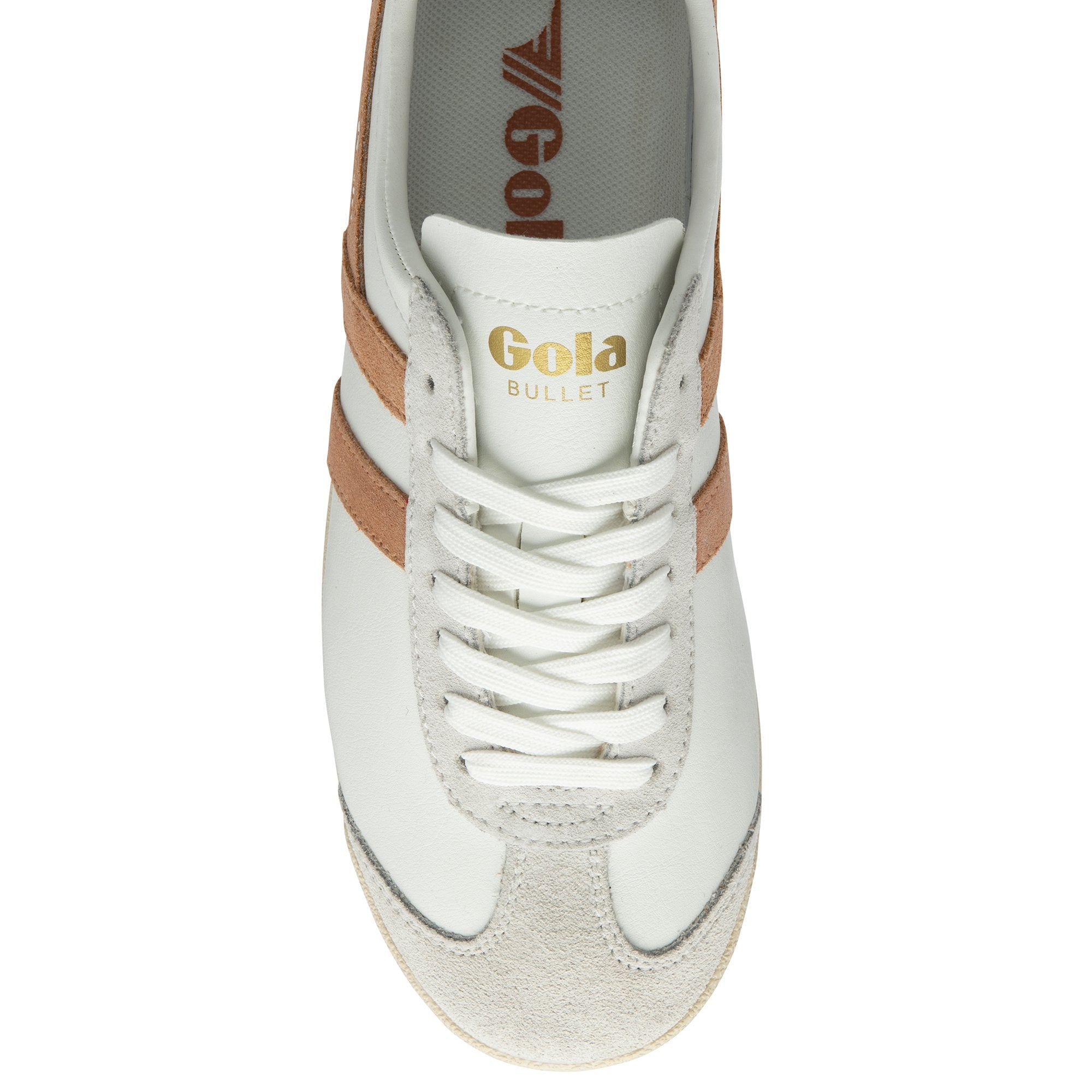 Top-down view of a white Gola Bullet sneaker with tan stripes and white laces.