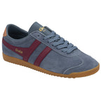 A single Gola Bullet Trainer in grey suede with burgundy stripes and brown sole.