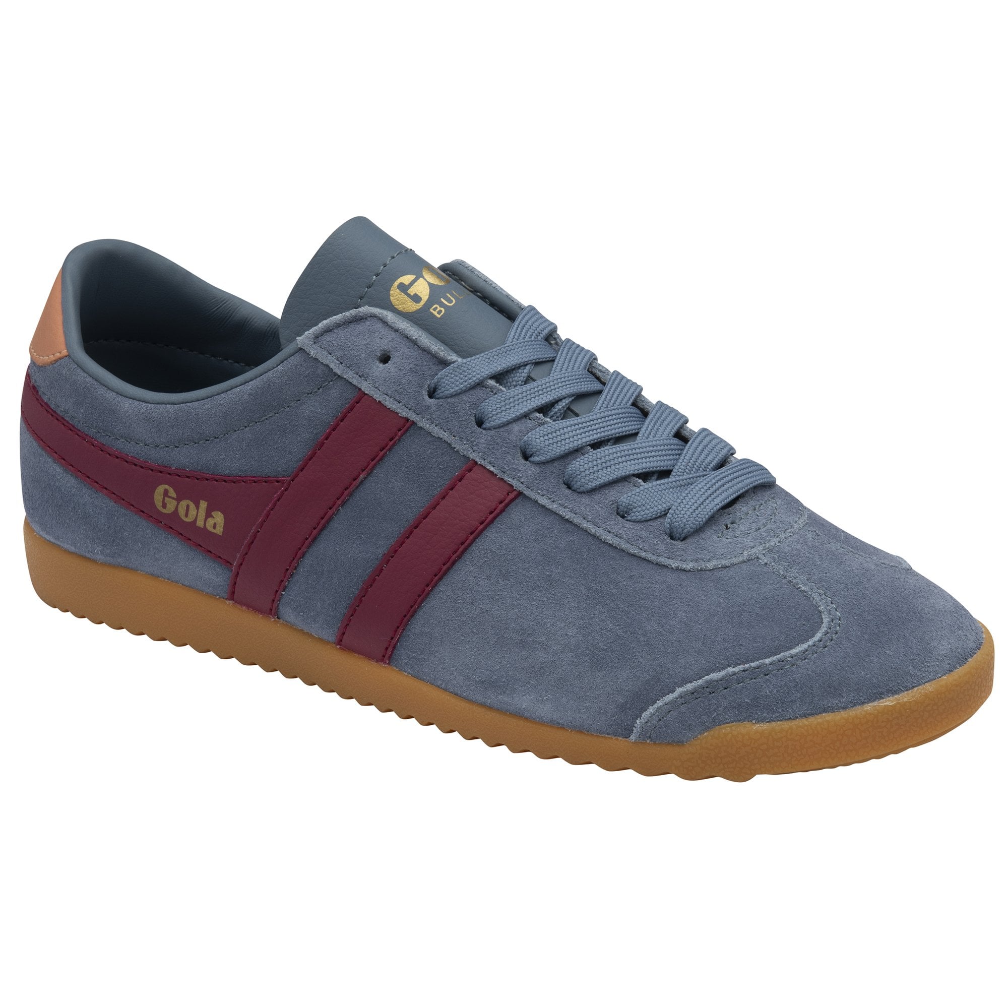 A single Gola Bullet Trainer in grey suede with burgundy stripes and brown sole.