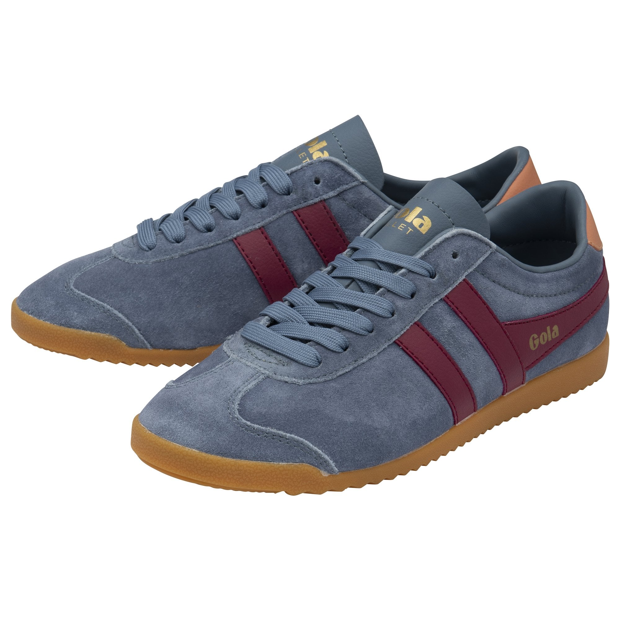 A pair of Gola Bullet Trainers in grey suede with burgundy stripes and brown soles.