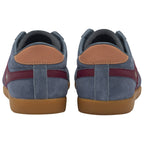 Rear view of a pair of Gola Bullet Trainers, grey suede with burgundy stripes.