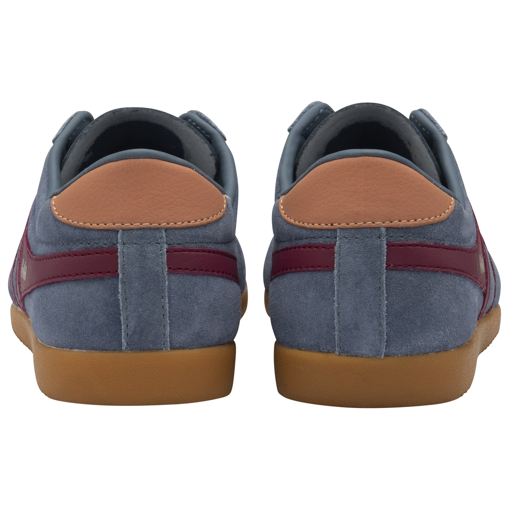 Rear view of a pair of Gola Bullet Trainers, grey suede with burgundy stripes.