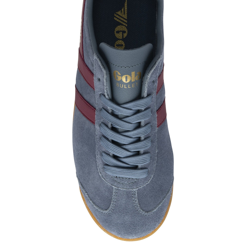 Top-down view of a single Gola Bullet Trainer, grey suede with burgundy stripes and laces.