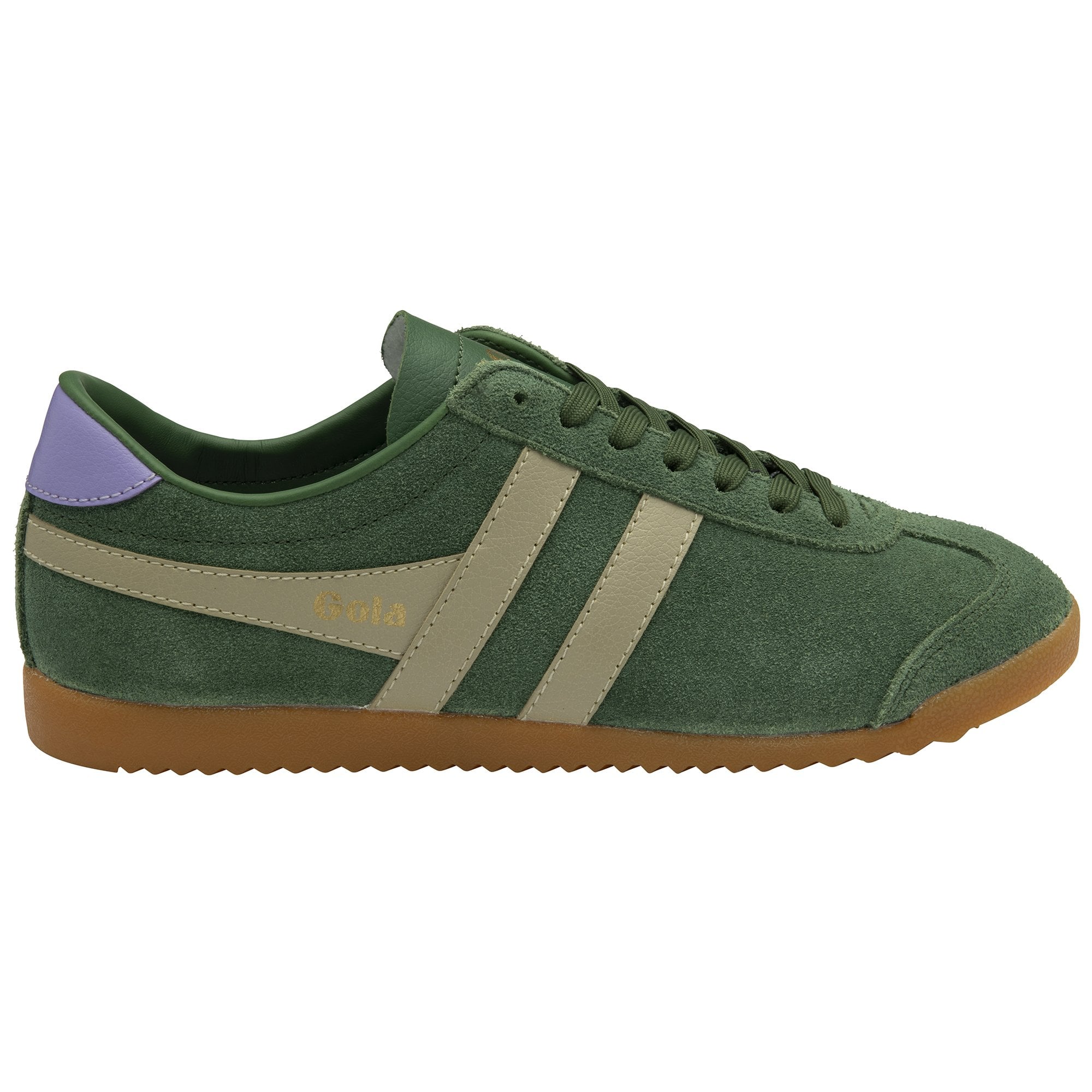 A single green Gola Harrier Trainer with beige stripes and a purple heel tab, side view.