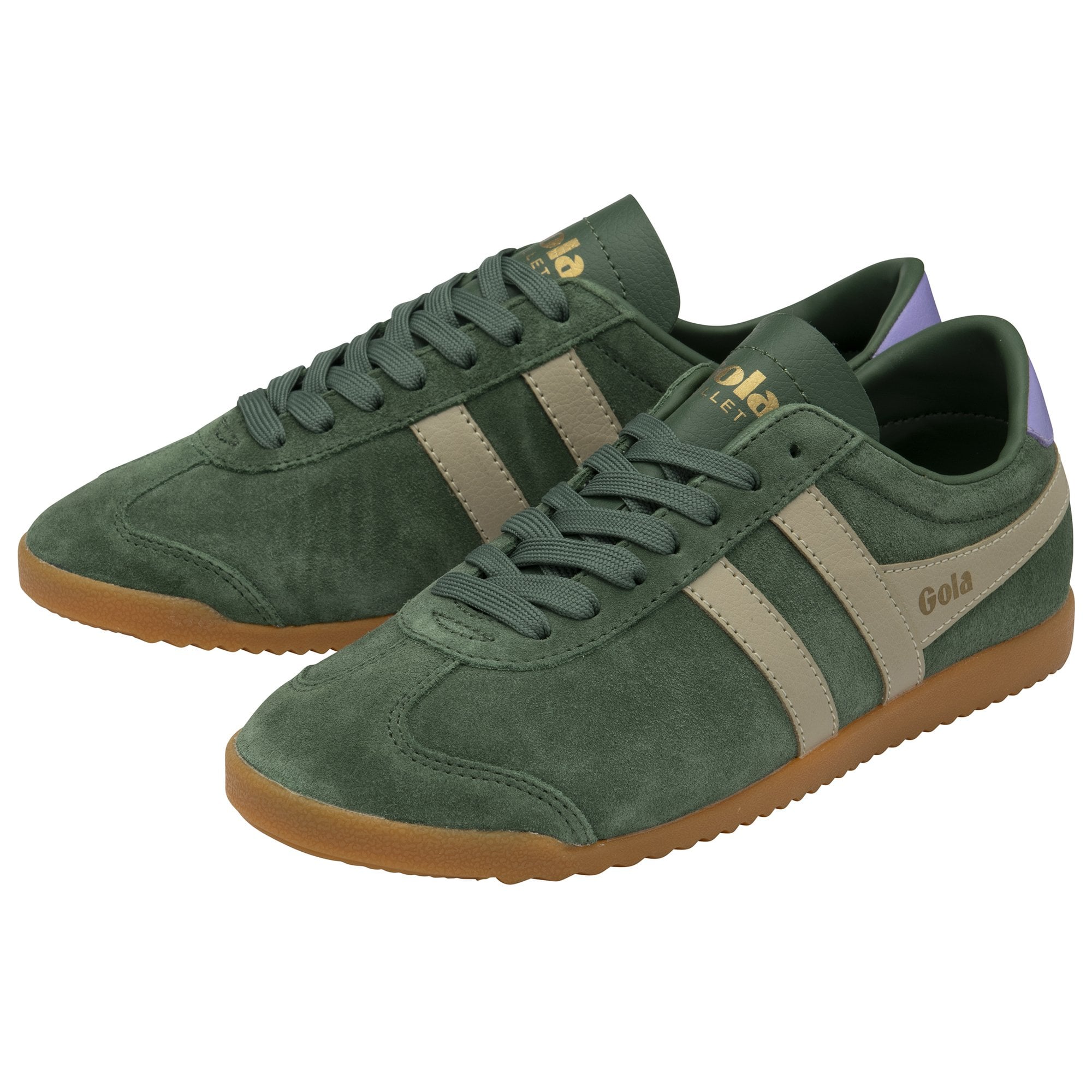 A pair of green Gola Harrier Trainers with beige stripes and purple heel tabs, angled view.