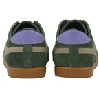 Rear view of a pair of green Gola Harrier Trainers with purple heel tabs and gum soles.