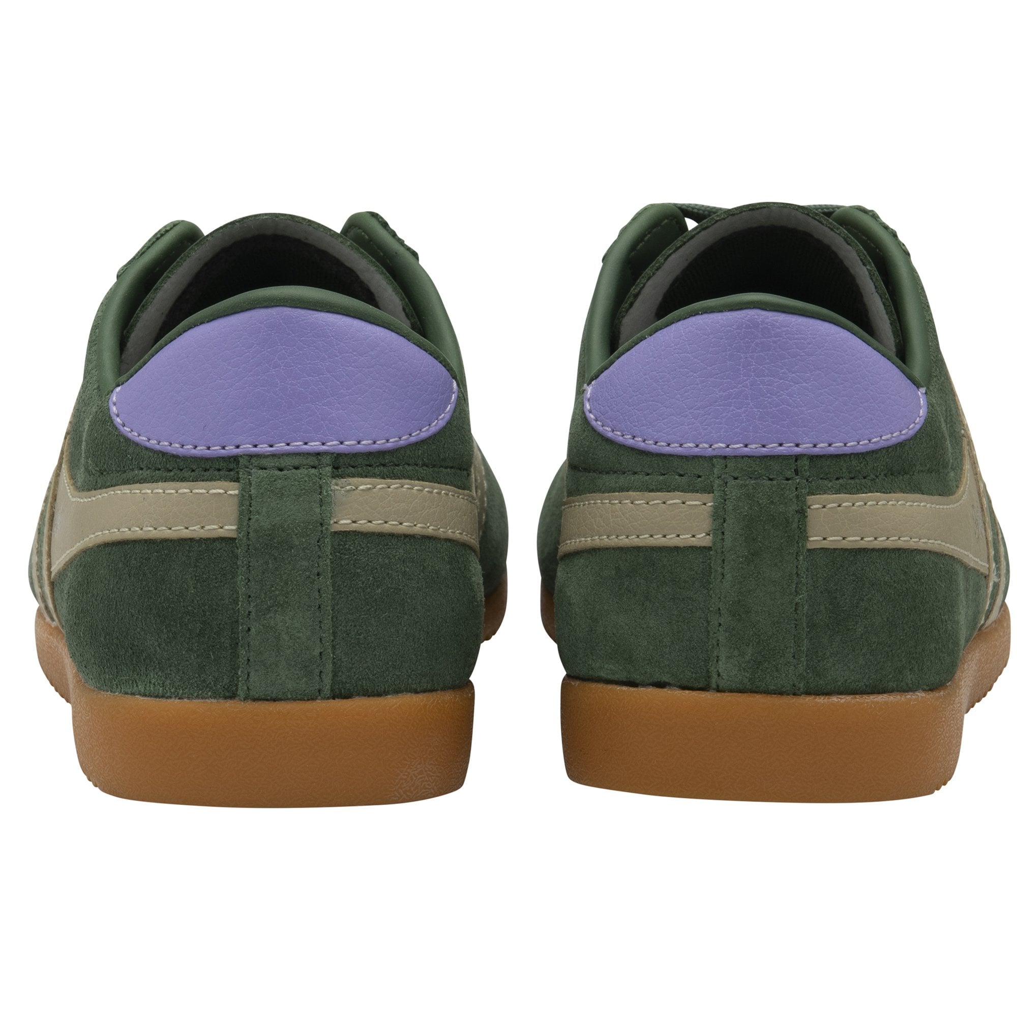 Rear view of a pair of green Gola Harrier Trainers with purple heel tabs and gum soles.