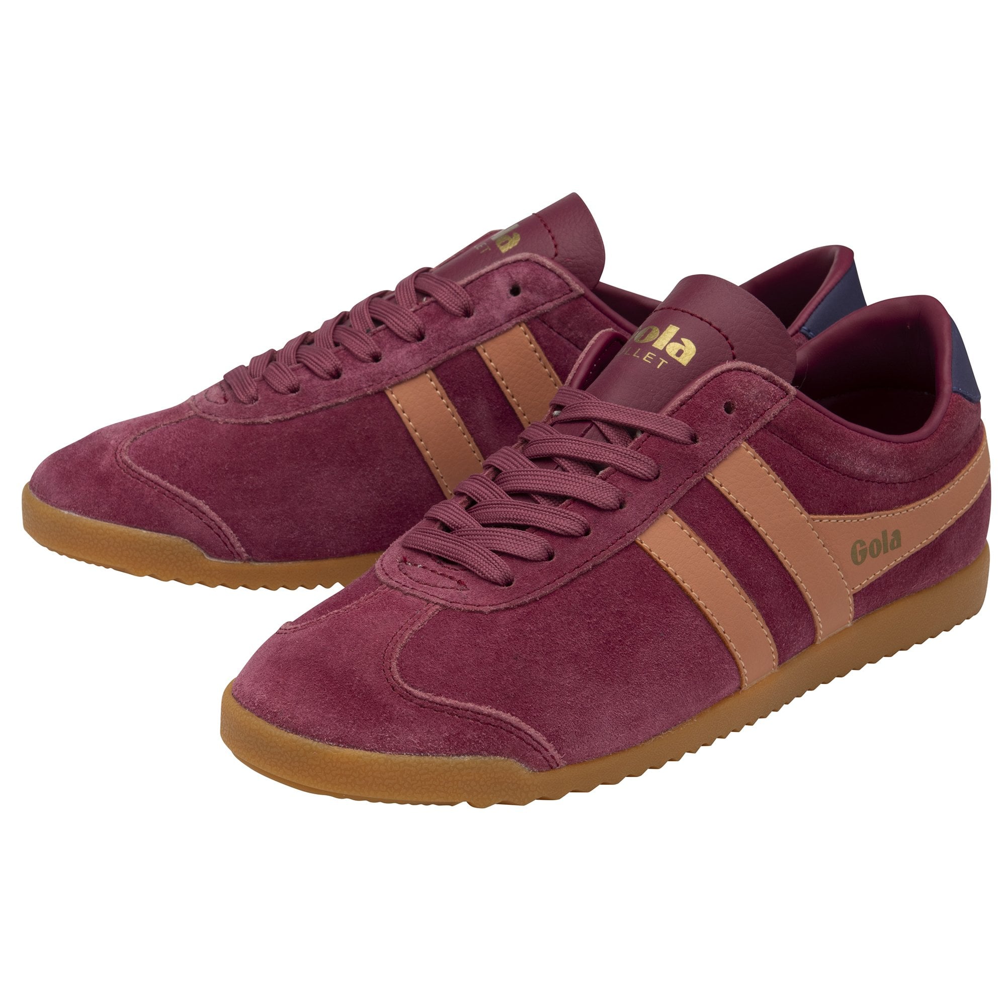 Pair of Gola Bullet Trainers in burgundy with tan stripes and gum soles.