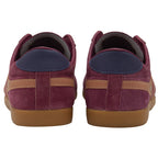 Rear view of a pair of Gola Bullet Trainers in burgundy with tan stripes and navy heel.
