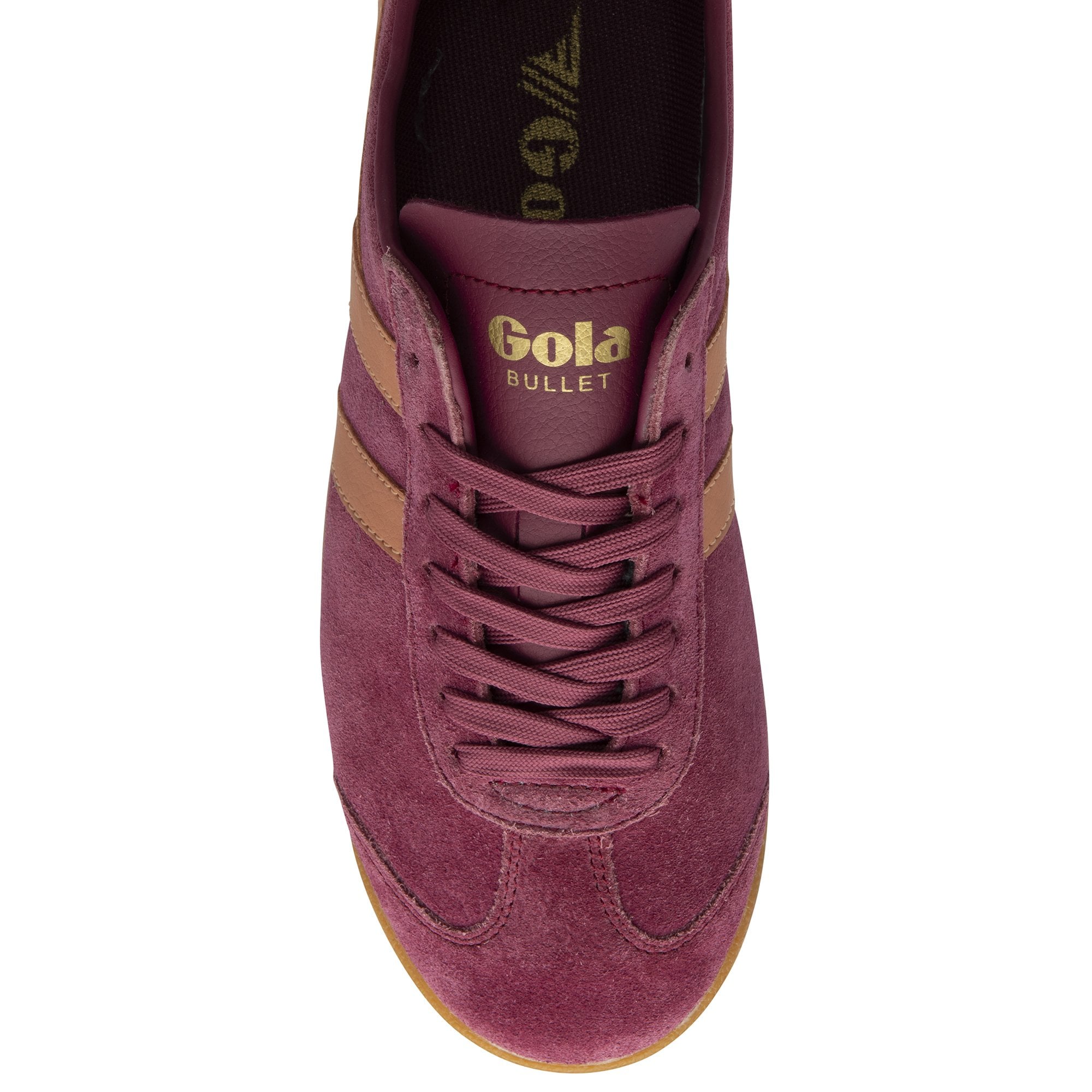 Top-down view of a single Gola Bullet Trainer in burgundy with tan stripes.