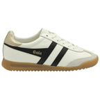 Side profile of a white Gola sneaker with black stripes and a gum sole.