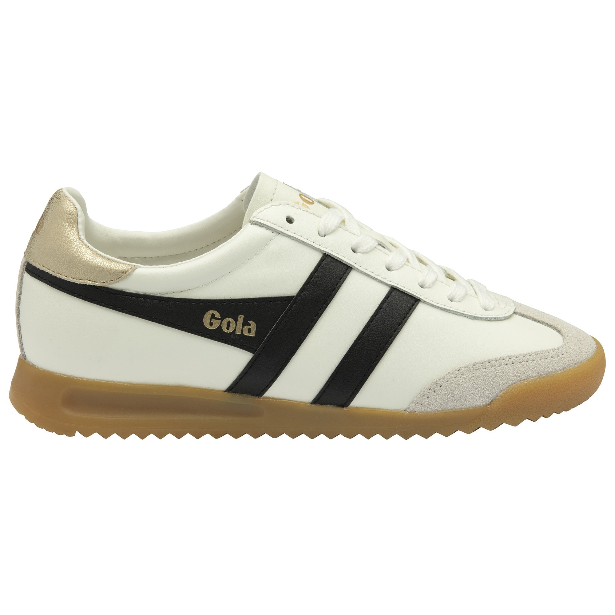 Side profile of a white Gola sneaker with black stripes and a gum sole.