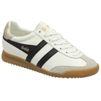 Side profile of a white Gola sneaker with black stripes and a gum sole.