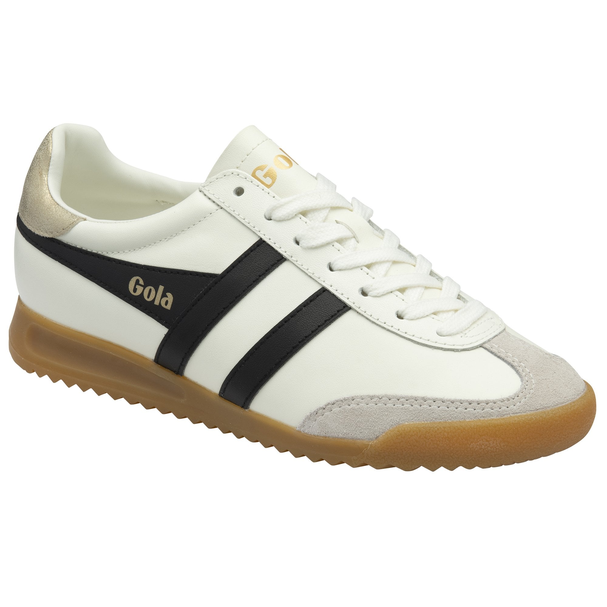 Side profile of a white Gola sneaker with black stripes and a gum sole.