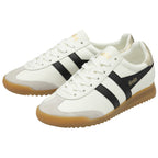 Pair of white Gola sneakers with black stripes and gum soles.
