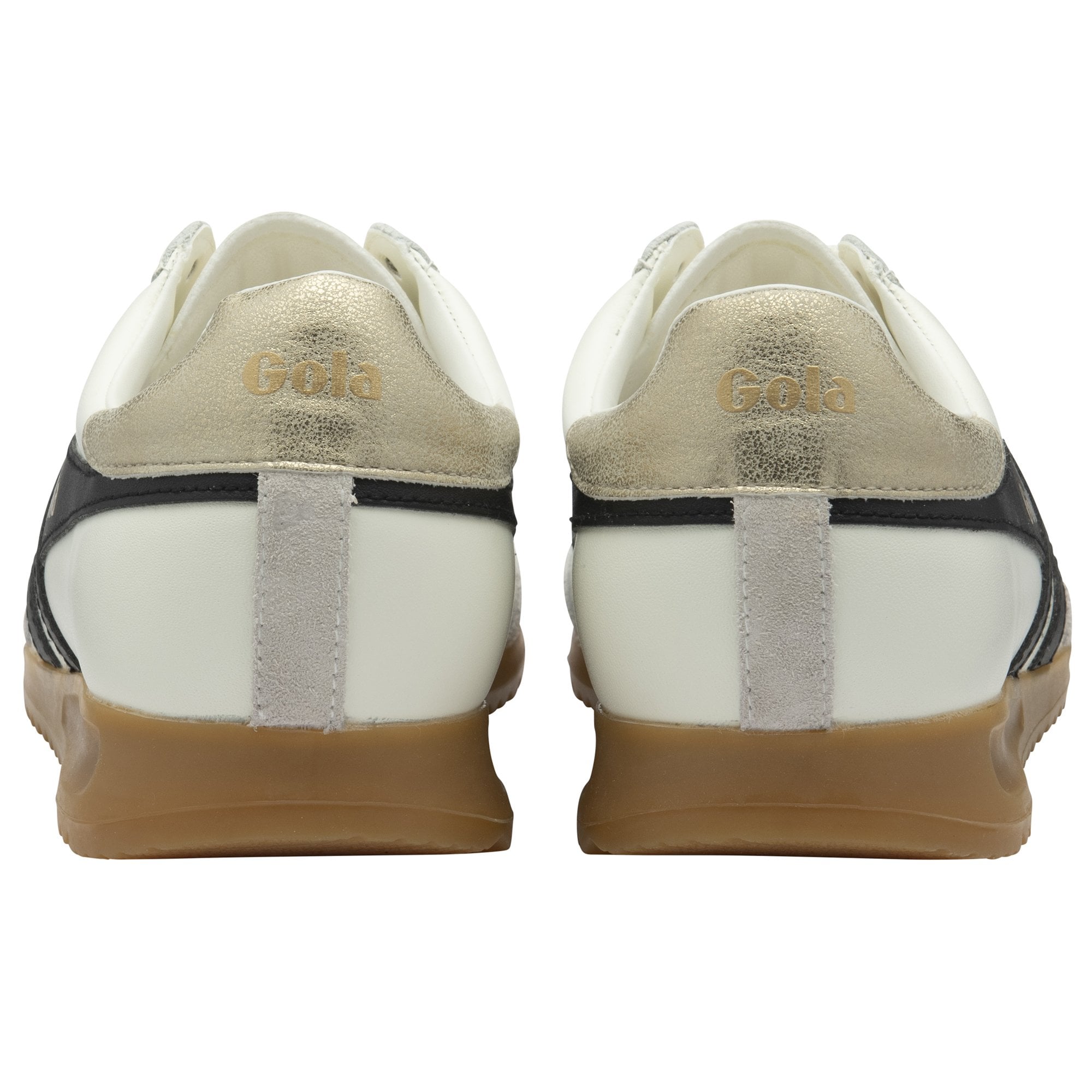 Back view of two white Gola sneakers with gold heel accents.