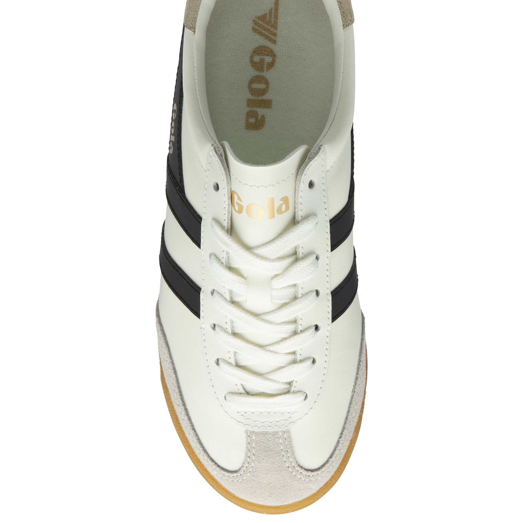 Top-down view of a white Gola sneaker with black stripes and white laces.