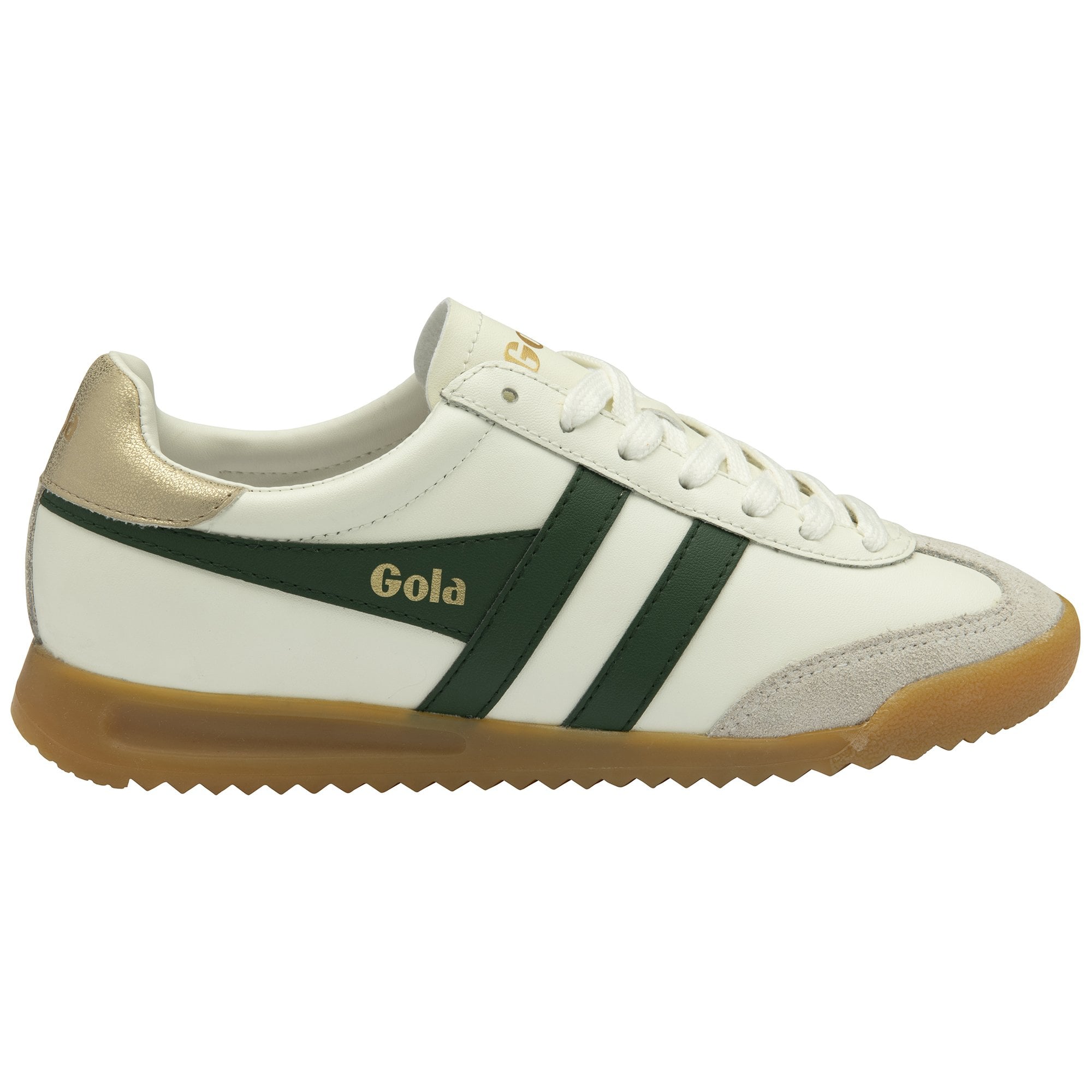 A side profile of a Gola Elan trainer in off-white, green, and gold with a gum sole.