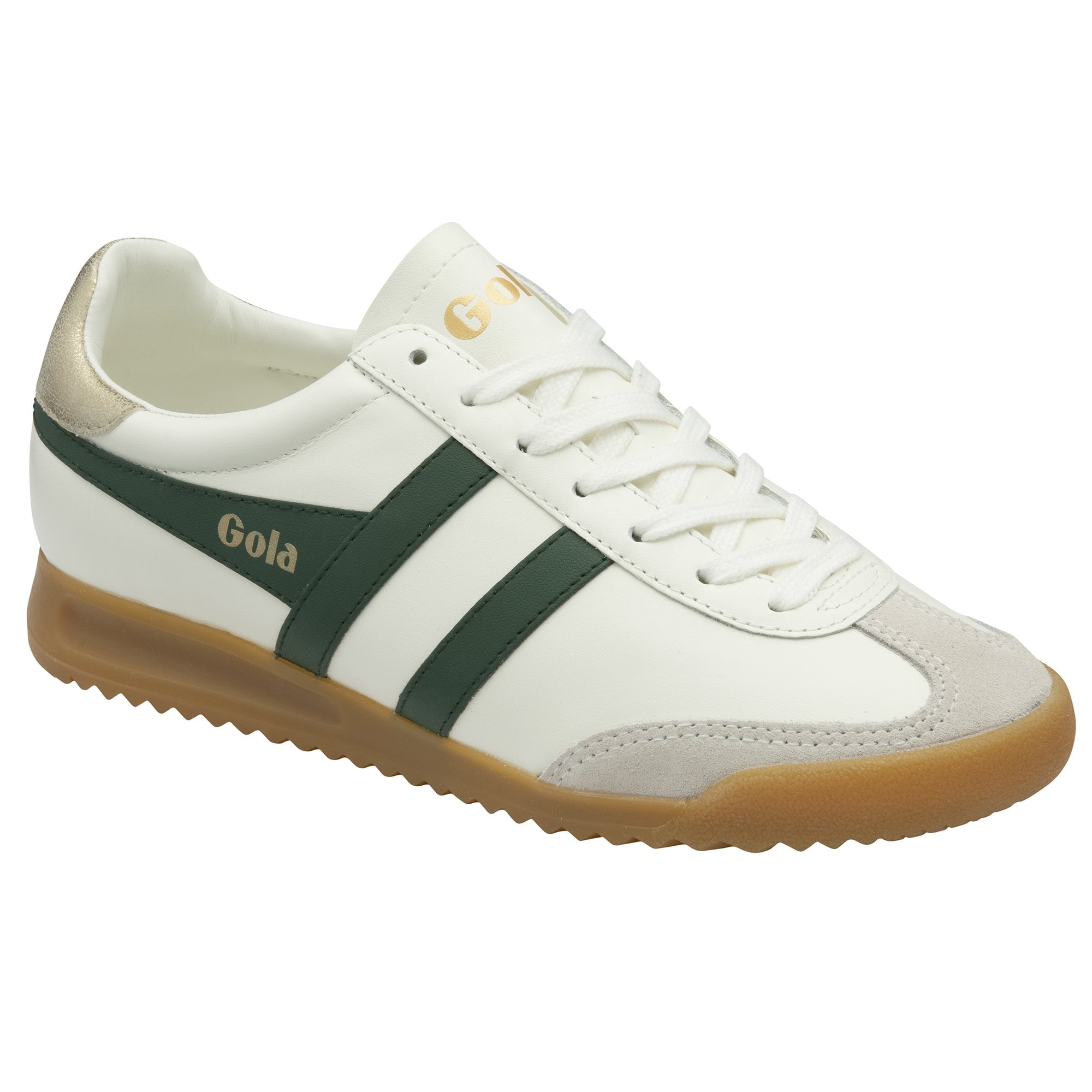 A slightly angled side profile of a Gola Elan trainer in off-white, green, and gold.