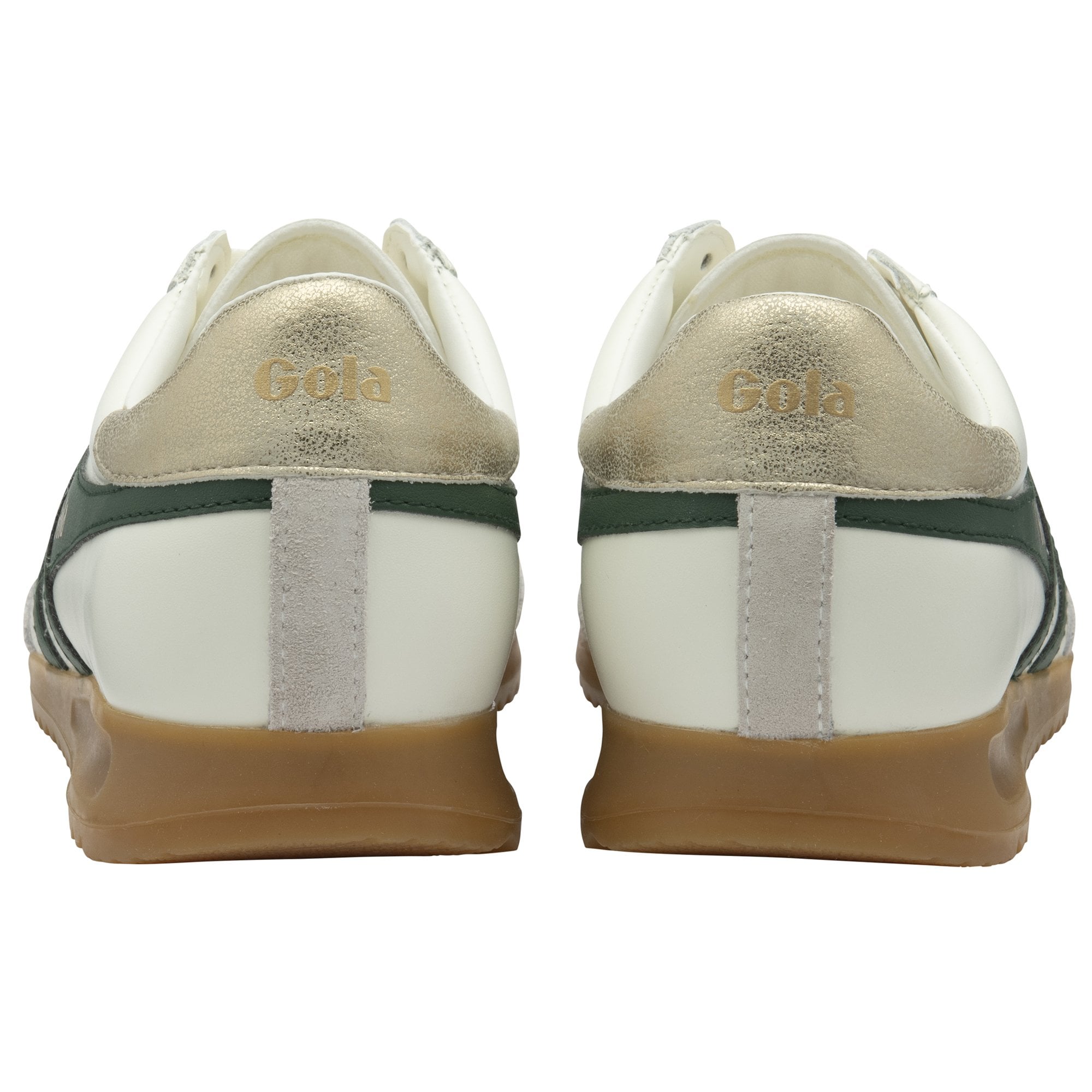 A rear view of a pair of Gola Elan trainers showing the gold heel tab.