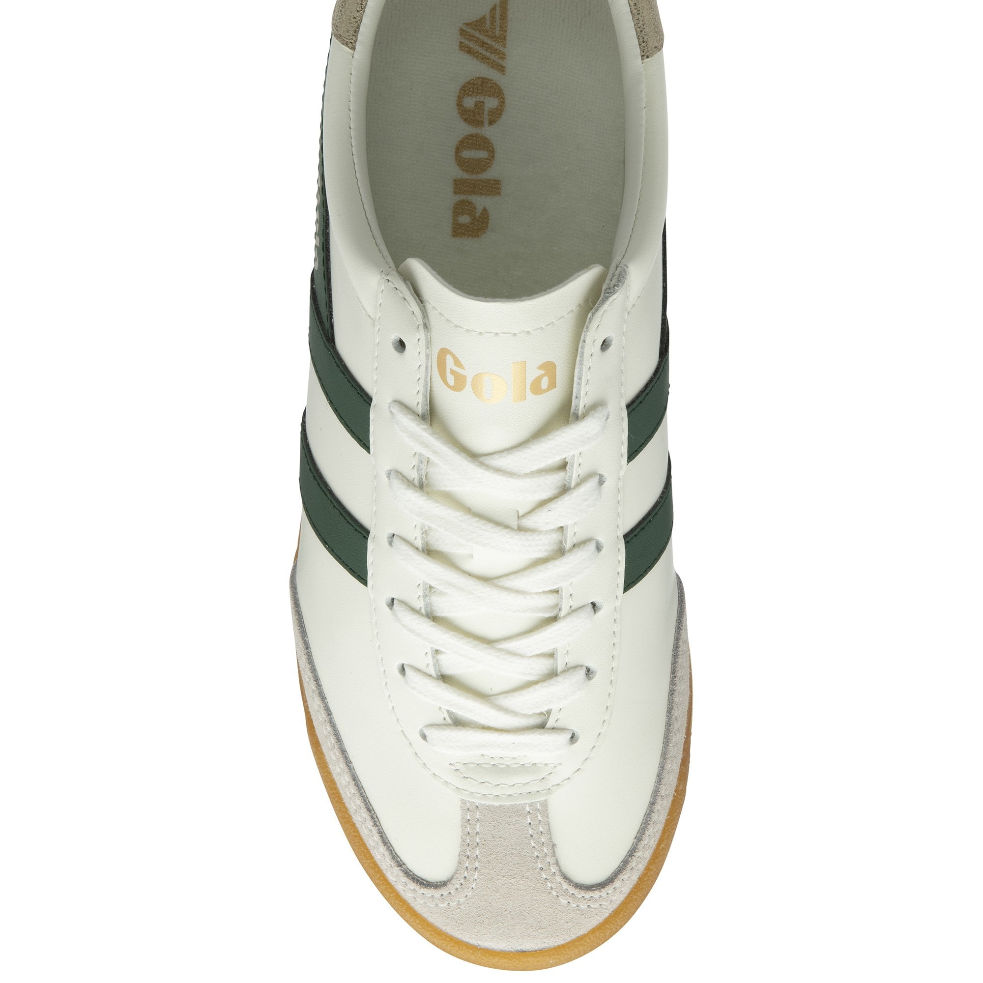 An overhead view of a Gola Elan trainer in off-white, green, and gold with a gum sole.