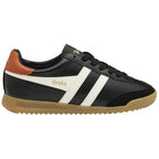 Black Gola sneaker with white stripes, brown heel and gum sole, side view.