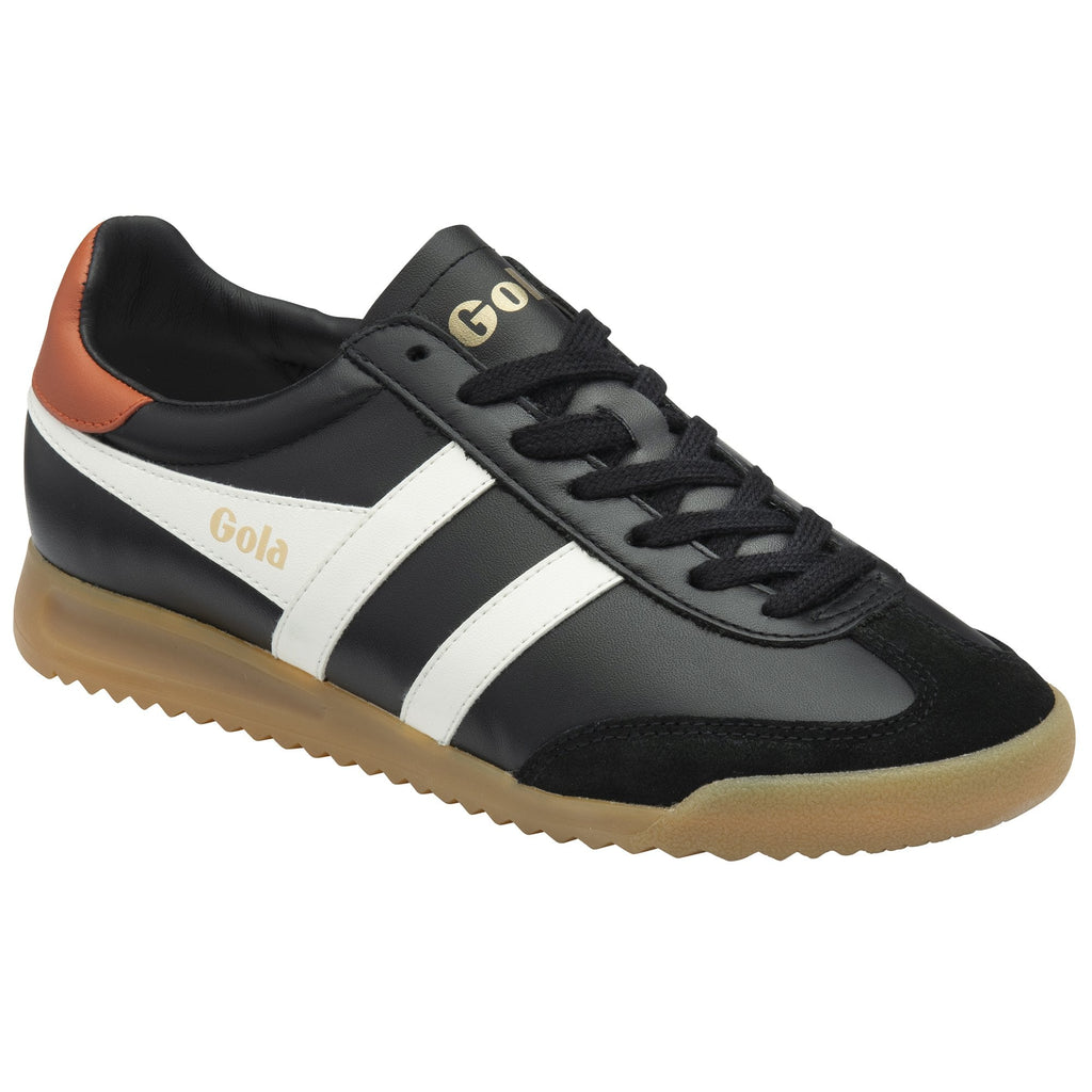 Black Gola sneaker with white stripes, brown heel and gum sole, angled view.