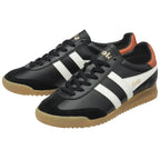 Pair of black Gola sneakers with white stripes, brown heels and gum soles.