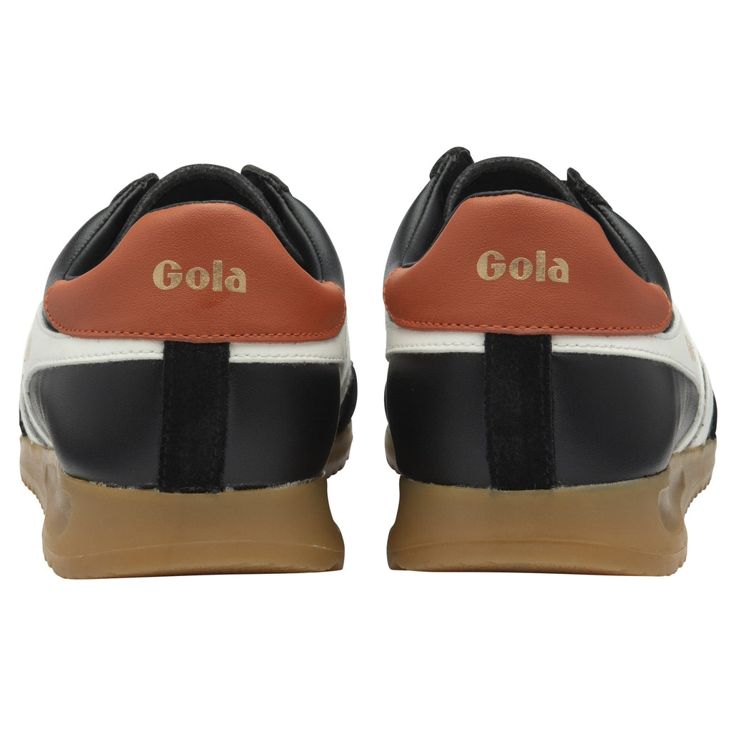 Rear view of two black Gola sneakers with brown heels and gum soles.