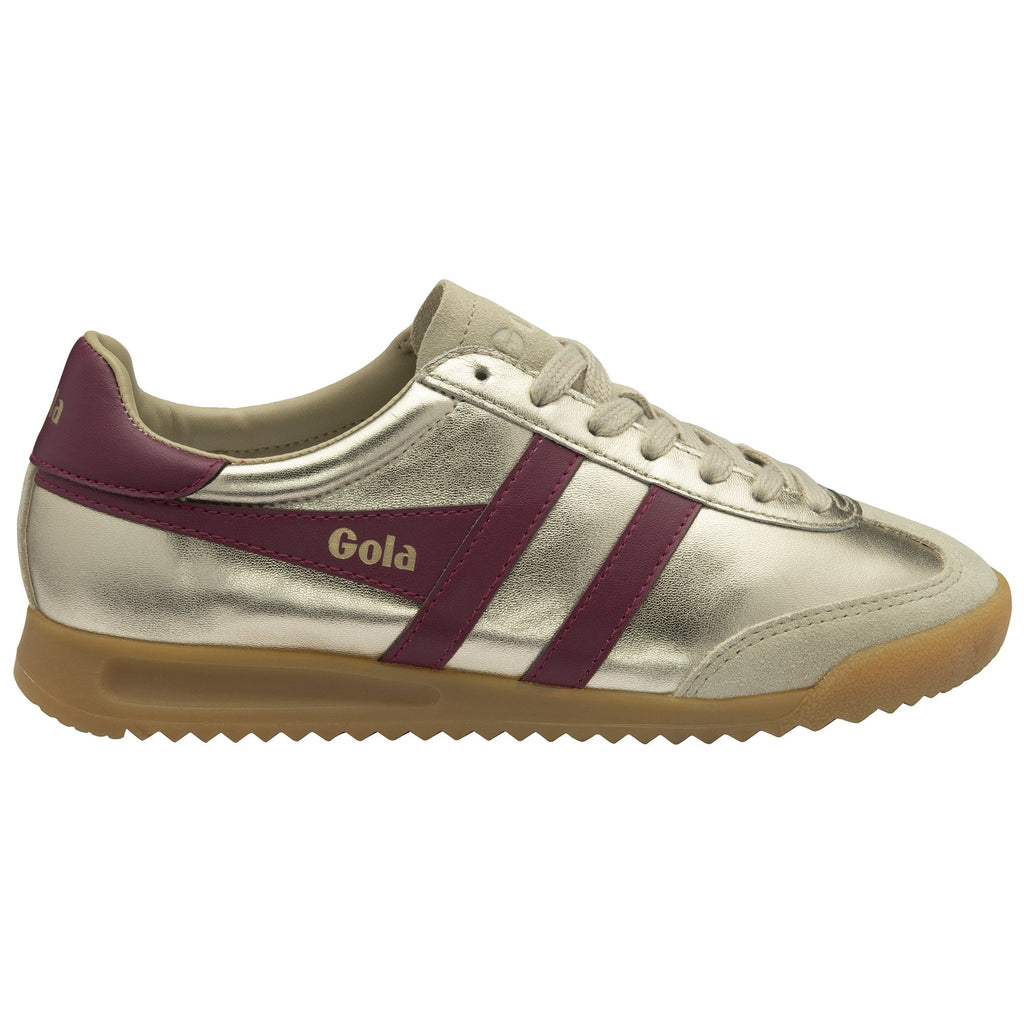 A right golden Gola sneaker with burgundy stripes and heel tab.