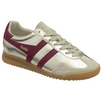 A left golden Gola sneaker with burgundy stripes and heel tab.
