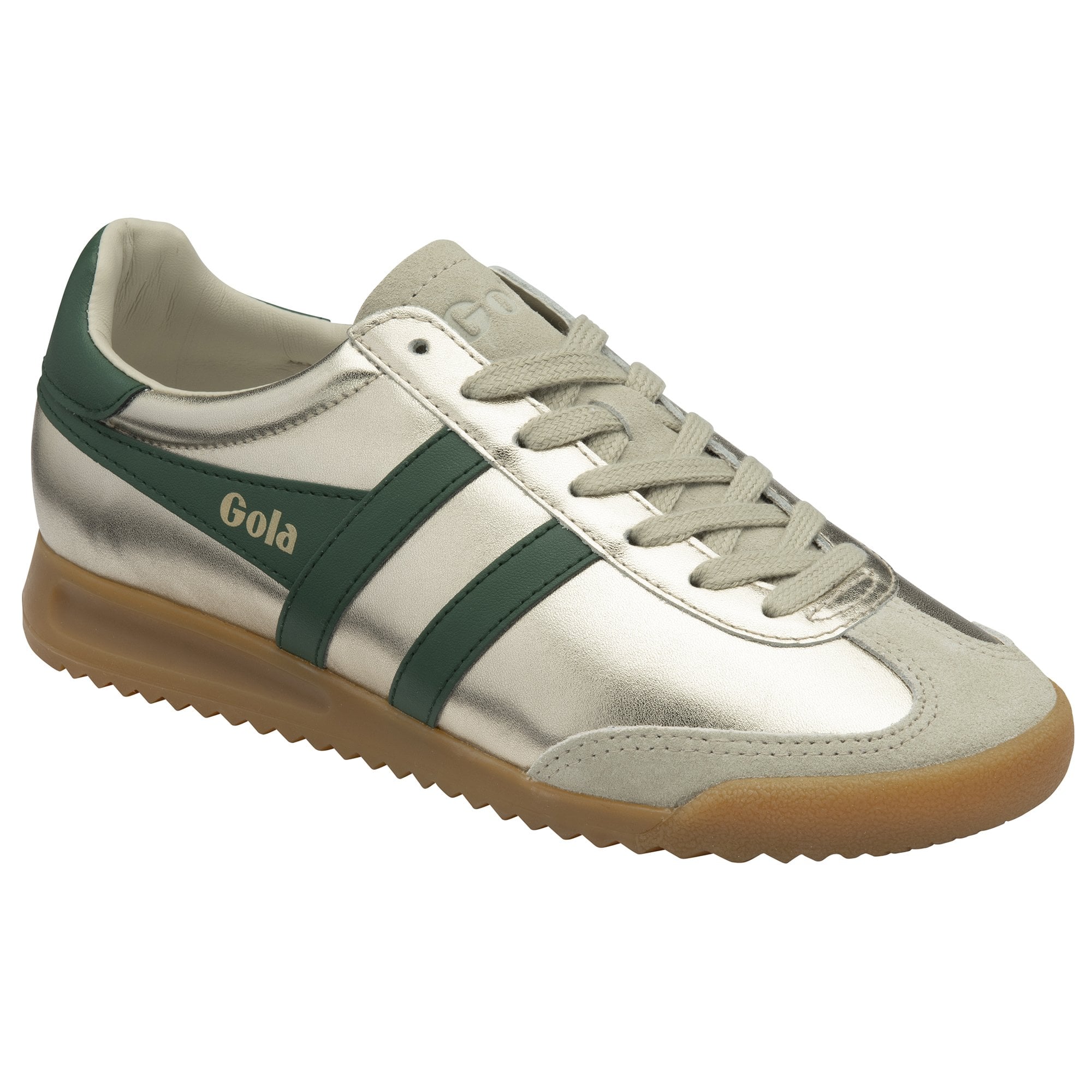 A single gold Gola sneaker with green stripes and tan sole, facing right.