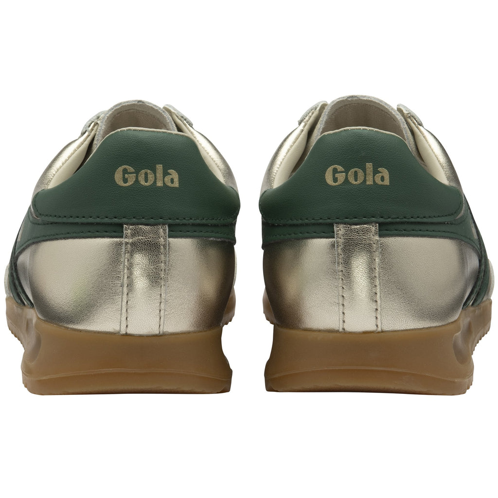 The back view of two gold Gola sneakers with green tops and tan soles.