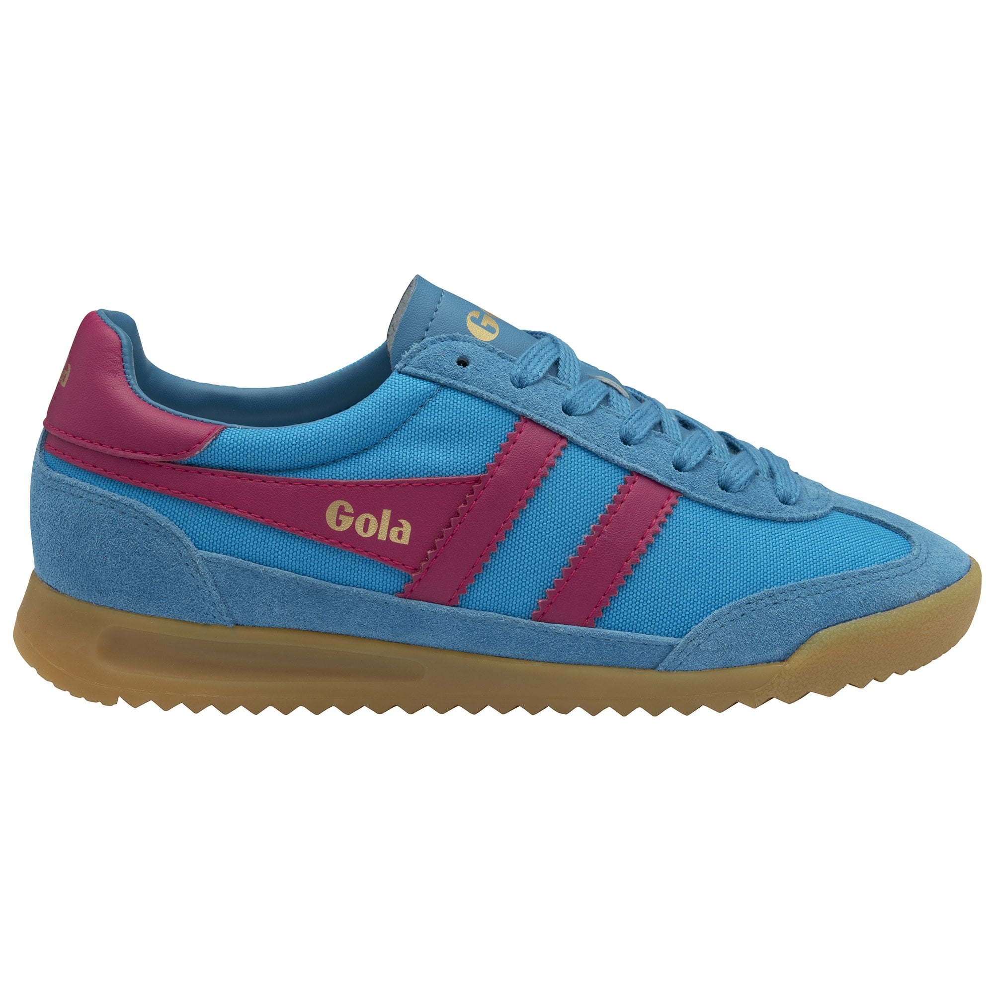 Side view of a single Gola Harrier sneaker in light blue with pink stripes and brown sole.