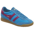 Angled side view of a single Gola Harrier sneaker in light blue with pink stripes and brown sole.