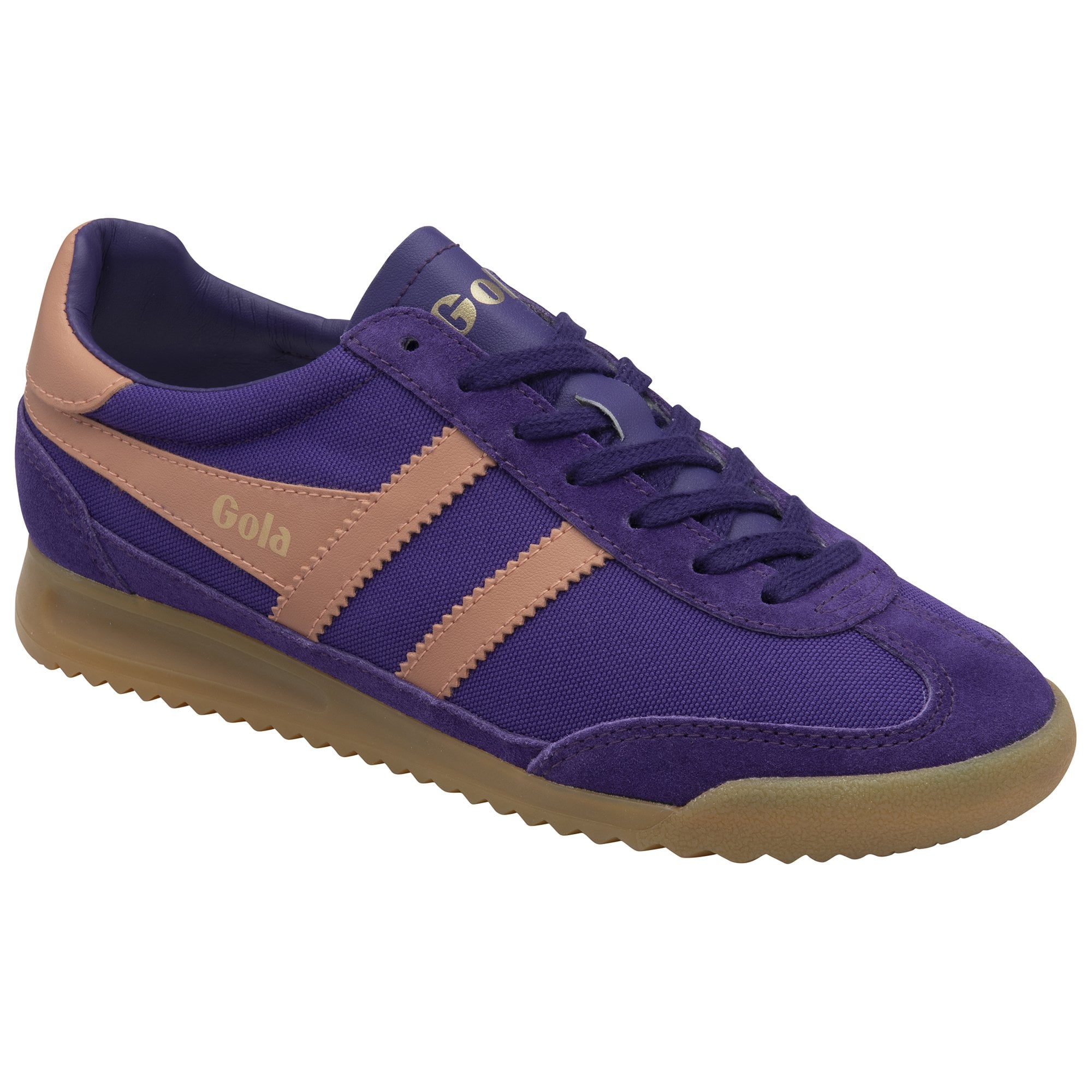 A single Gola Hurricane trainer in purple and tan, viewed from an angle.