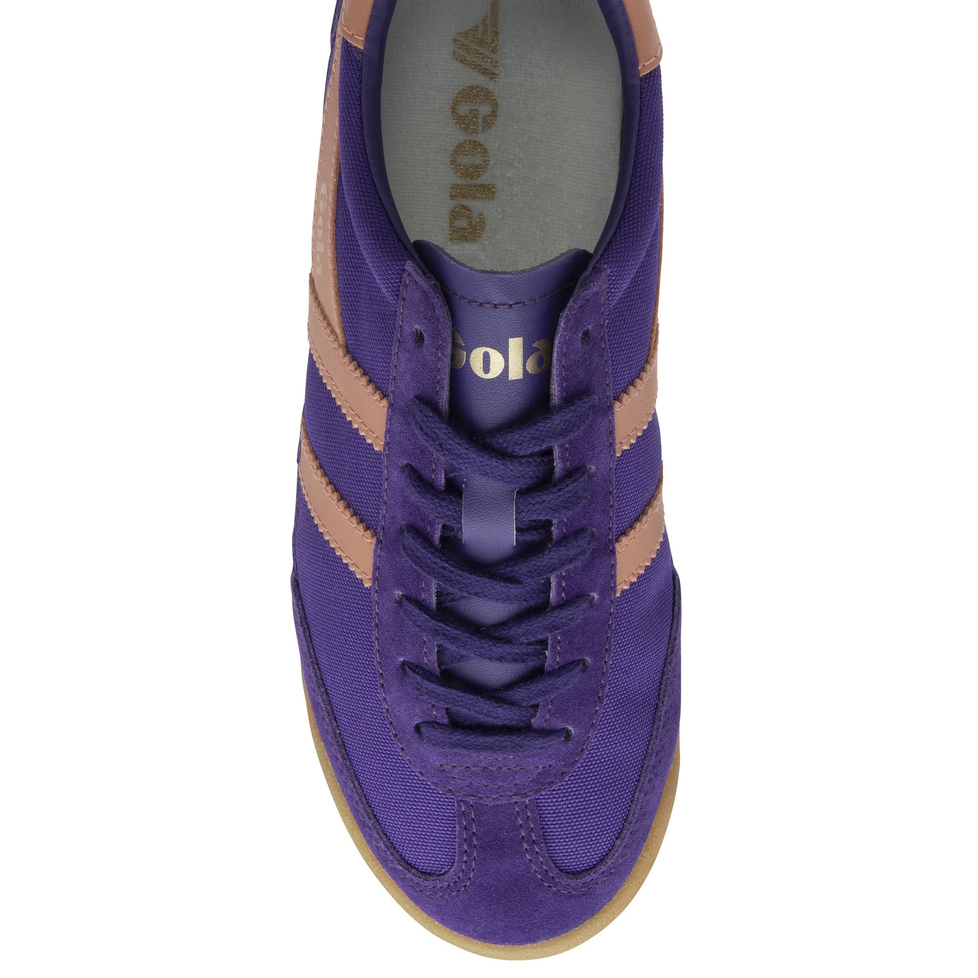 A single Gola Hurricane trainer in purple and tan, viewed from the top.