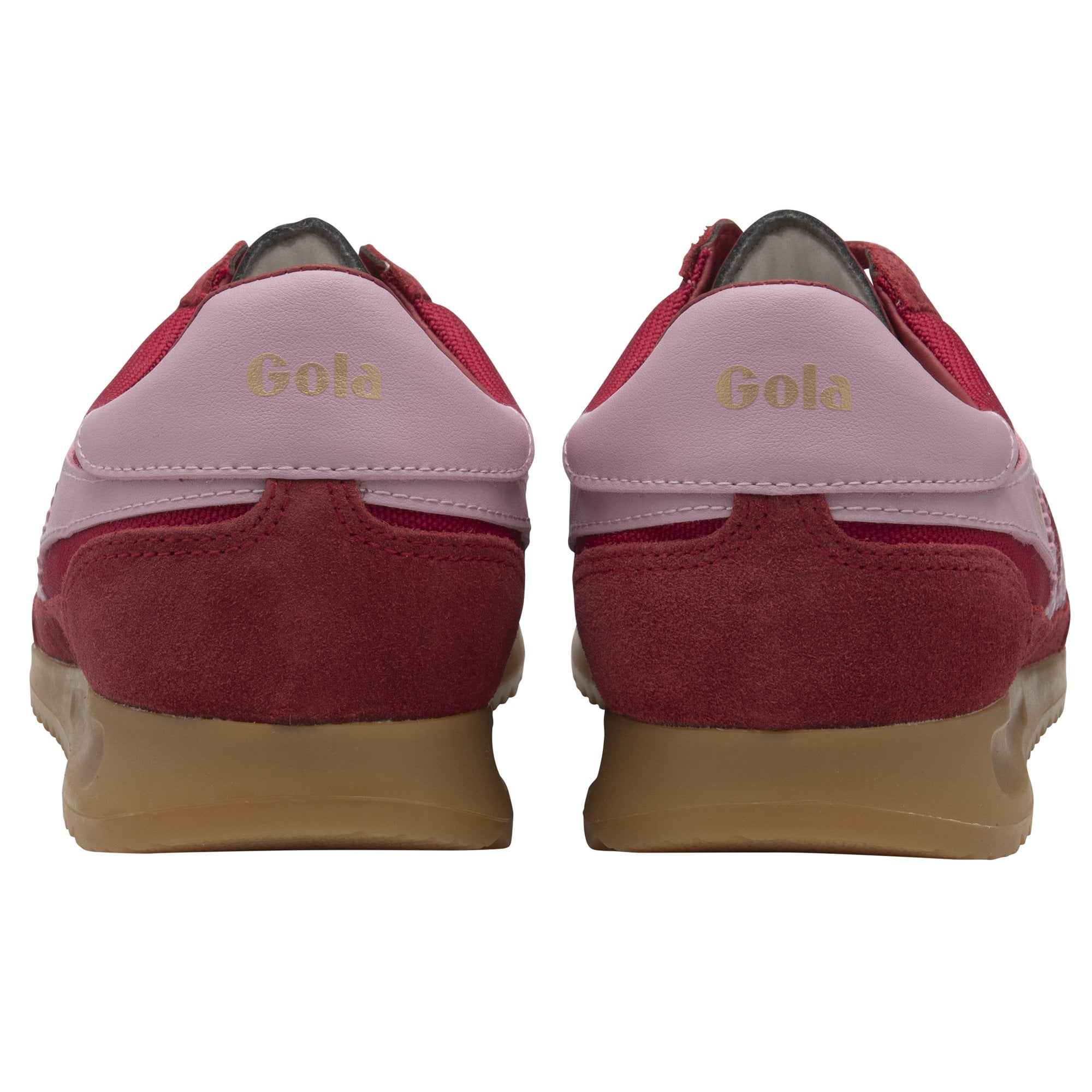 The rear view of a pair of red and pink Gola trainers with tan soles.