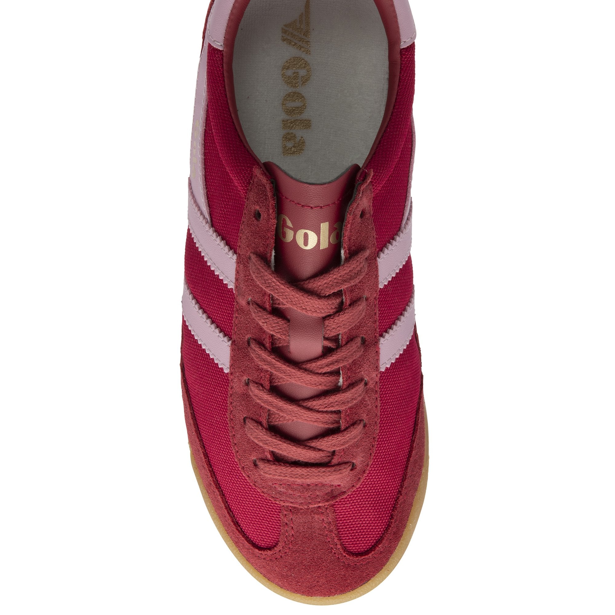 An overhead view of a single red and pink Gola trainer with a tan sole.
