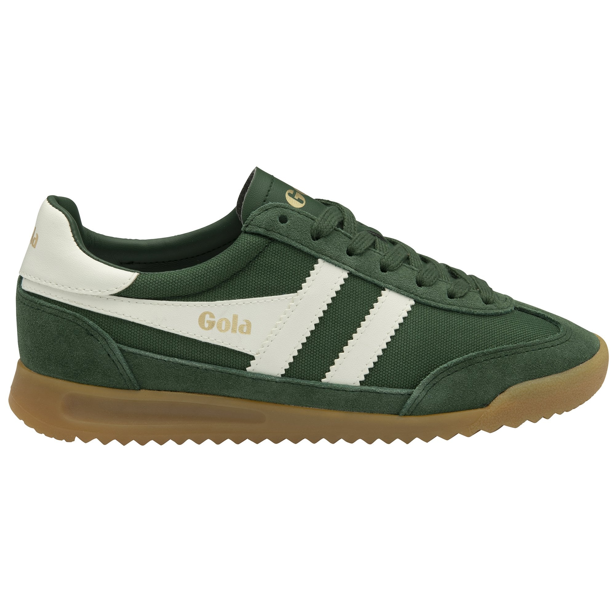 A green and white Gola trainer with a brown sole, viewed from the side.