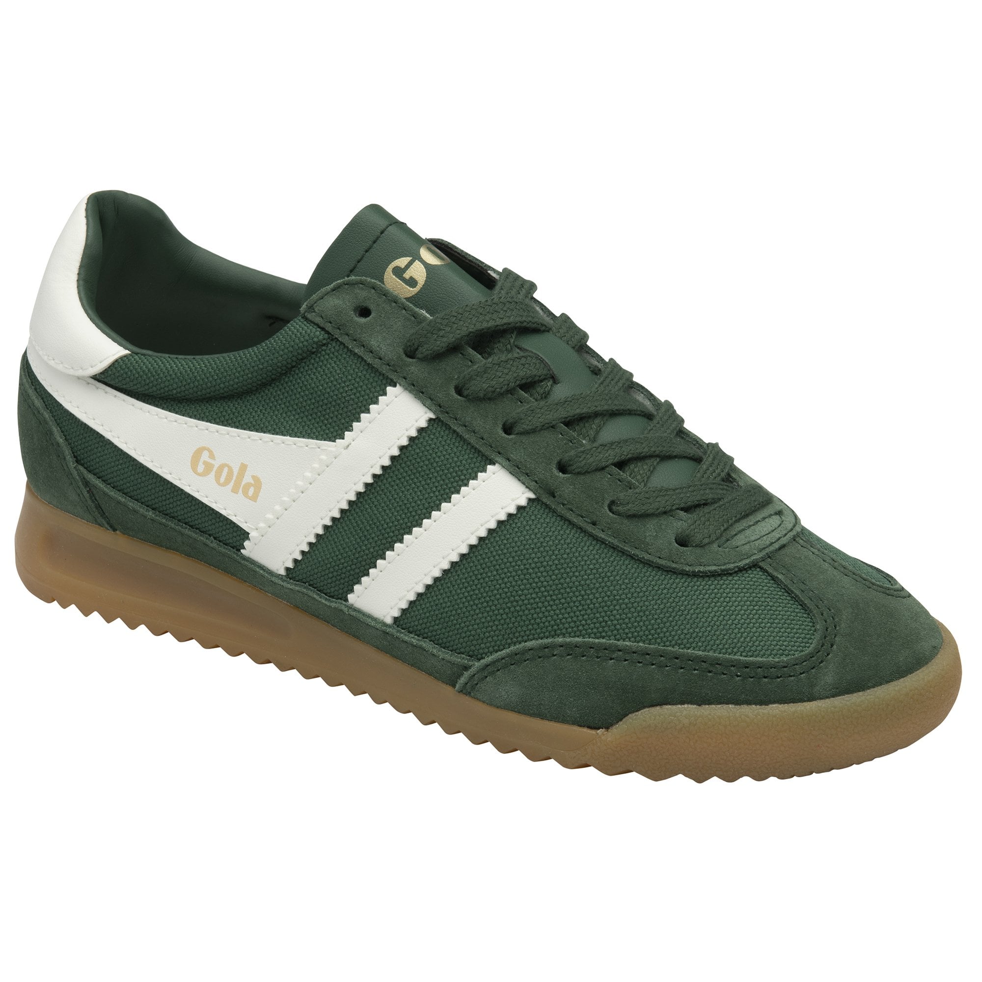 A single green and white Gola trainer with a brown sole, viewed from an angle.