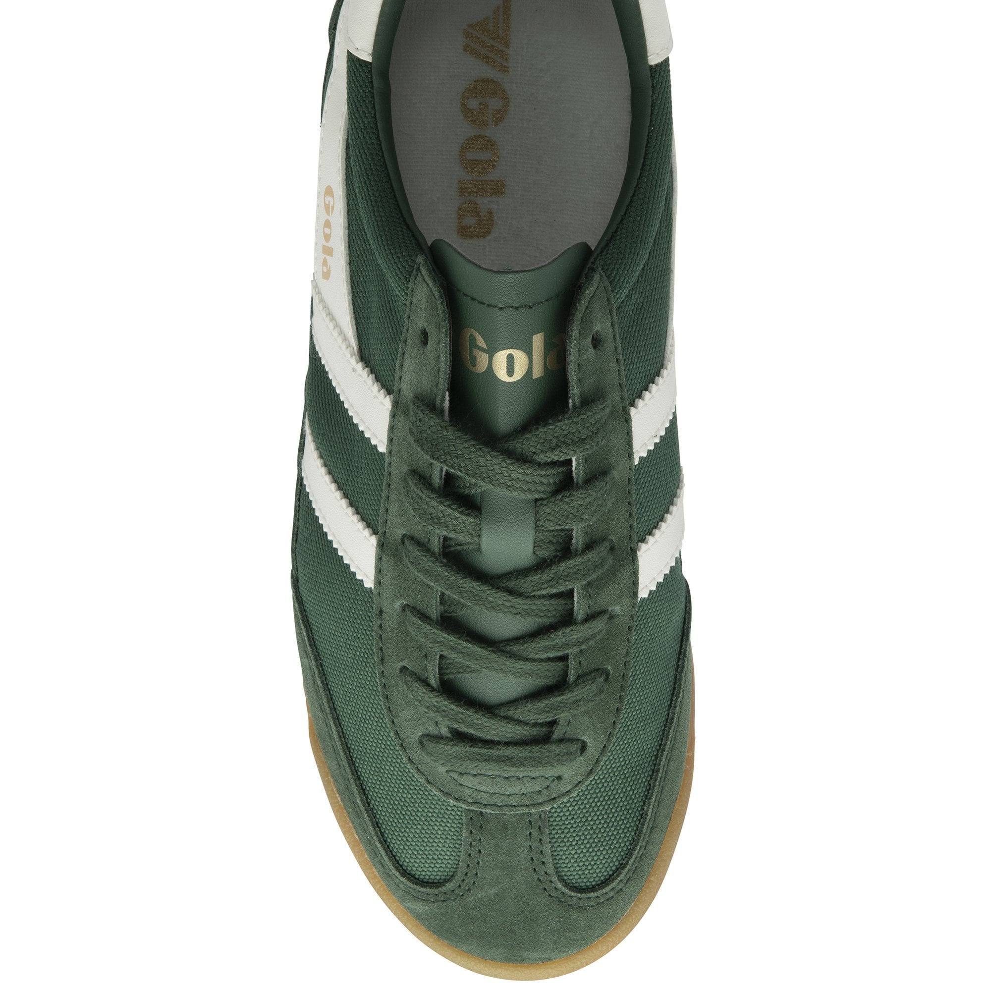 A top-down view of a green and white Gola trainer with a brown sole.
