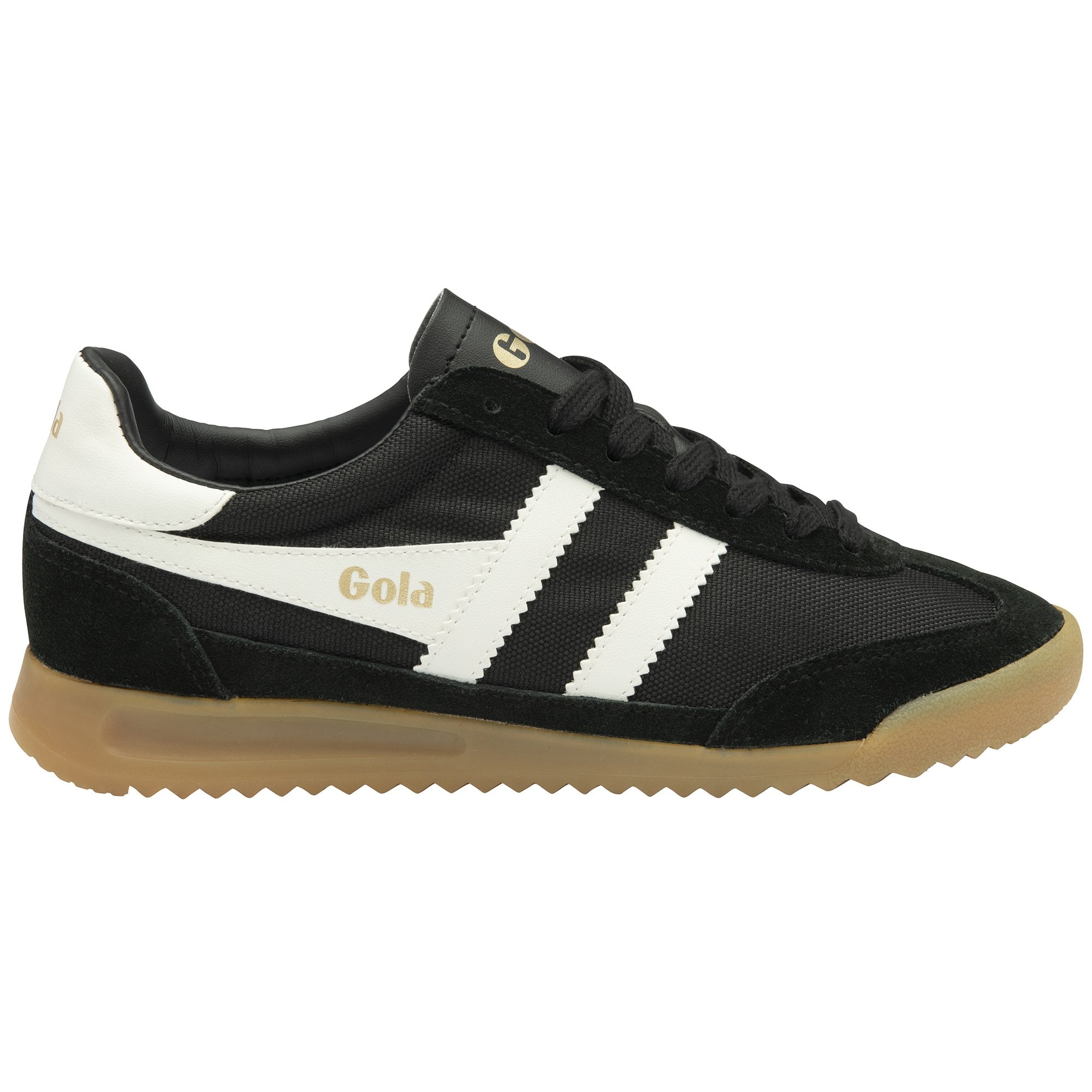 Side profile of a black and white Gola trainer with a brown sole, facing right.