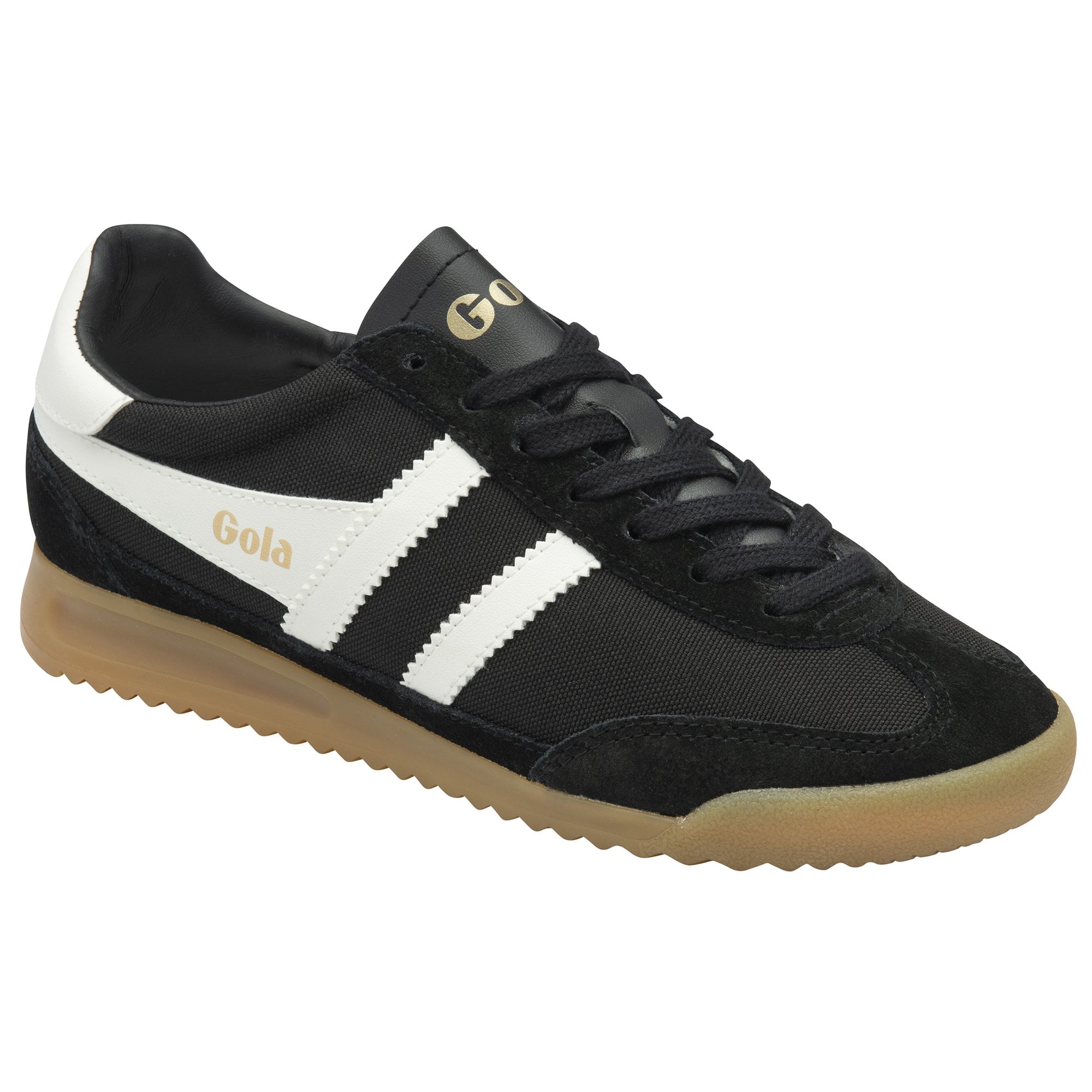 Side profile of a black and white Gola trainer with a brown sole, facing left.