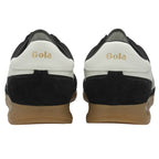 Rear view of two black and white Gola trainers, showing the heel branding.