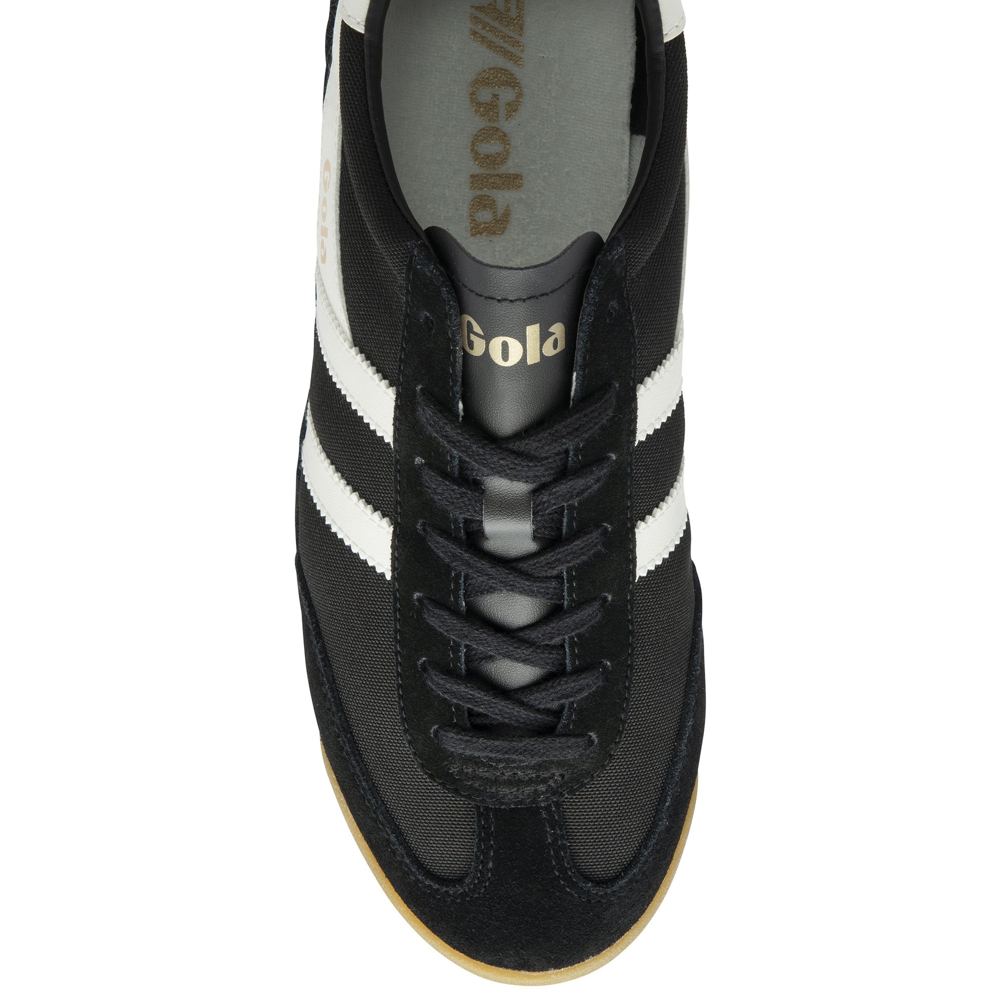 Top-down view of a black and white Gola trainer with a brown sole and laces.